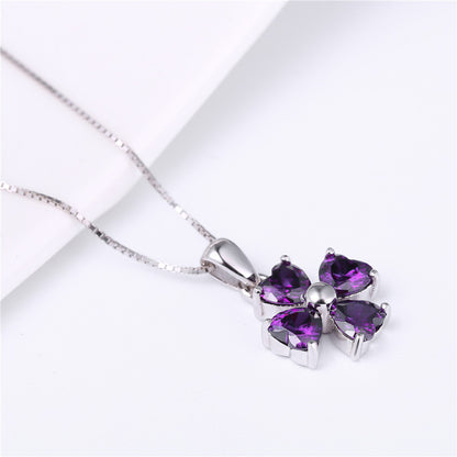 MABELLA 925 Sterling Silver Simulated Amethyst/Blue Topaz Heart Shape 4 Leaf Clover Pendant Necklace