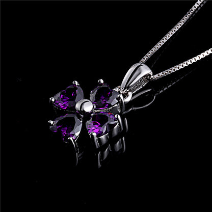 MABELLA 925 Sterling Silver Simulated Amethyst/Blue Topaz Heart Shape 4 Leaf Clover Pendant Necklace