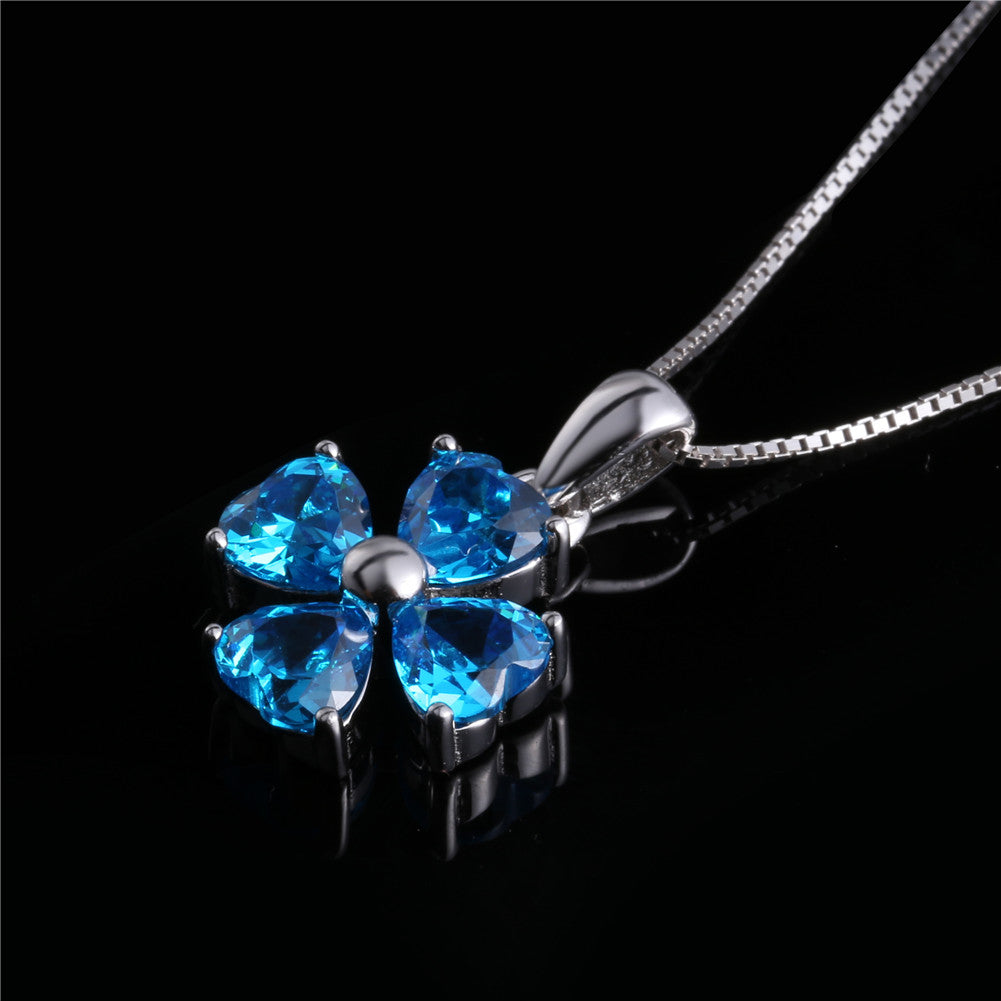 MABELLA 925 Sterling Silver Simulated Amethyst/Blue Topaz Heart Shape 4 Leaf Clover Pendant Necklace