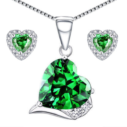 MABELLA Sterling Silver Heart Simulated Ruby Emerald Pendant Earrings Set, Birthday Gifts for Women