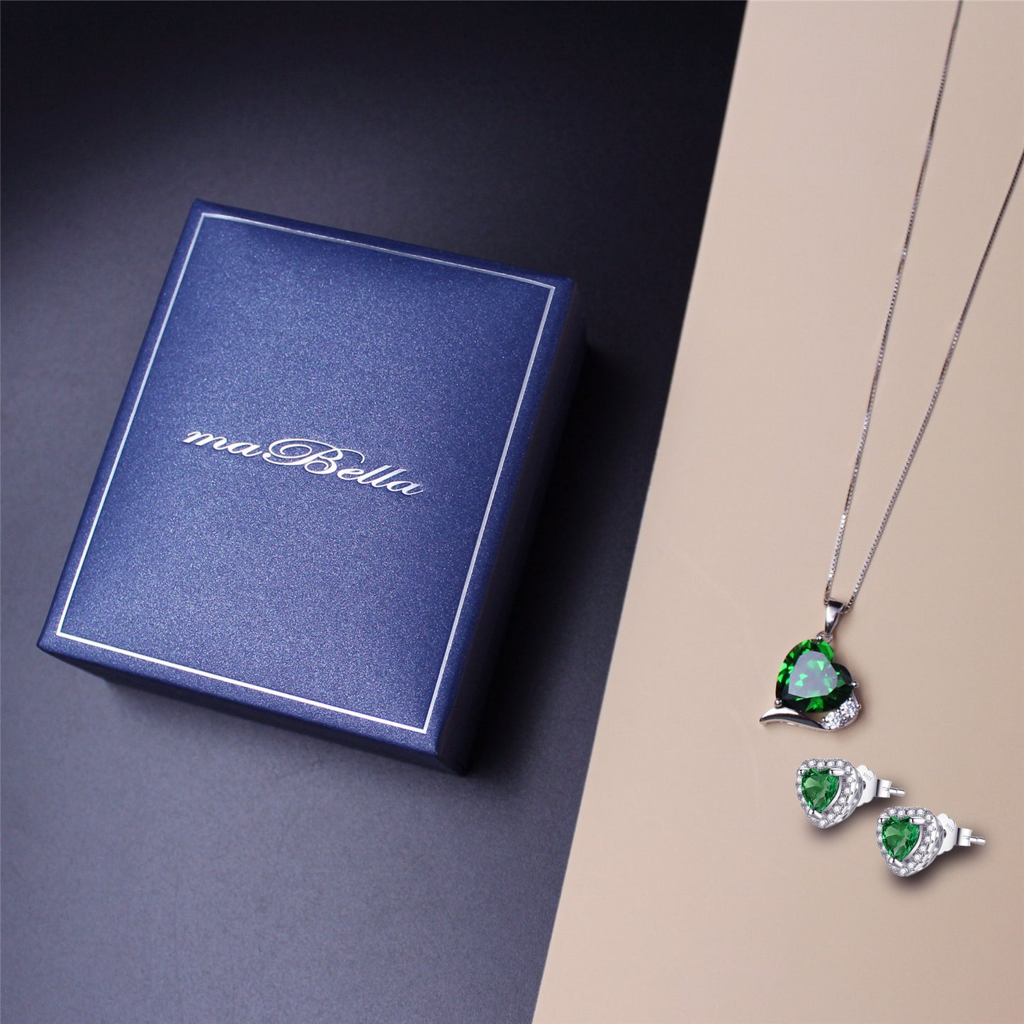 MABELLA Sterling Silver Heart Simulated Ruby Emerald Pendant Earrings Set, Birthday Gifts for Women
