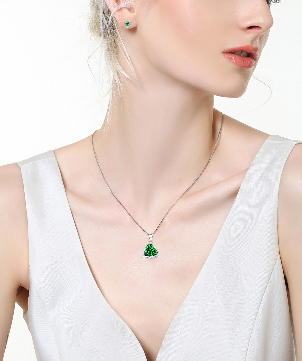MABELLA Sterling Silver Heart Simulated Ruby Emerald Pendant Earrings Set, Birthday Gifts for Women