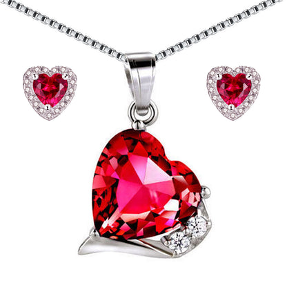 MABELLA Sterling Silver Heart Simulated Ruby Emerald Pendant Earrings Set, Birthday Gifts for Women
