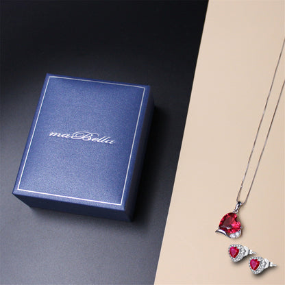 MABELLA Sterling Silver Heart Simulated Ruby Emerald Pendant Earrings Set, Birthday Gifts for Women