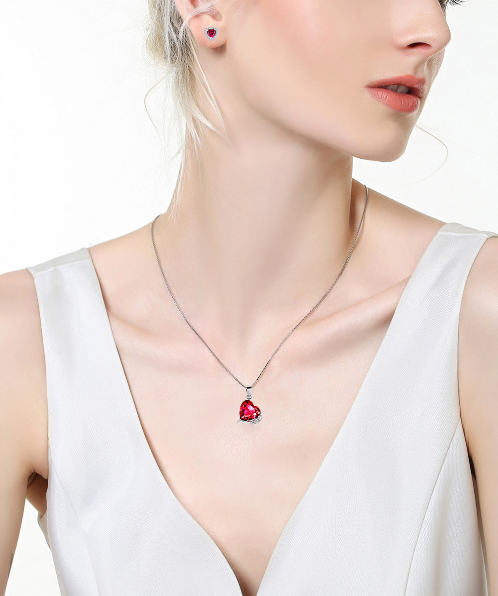 MABELLA Sterling Silver Heart Simulated Ruby Emerald Pendant Earrings Set, Birthday Gifts for Women