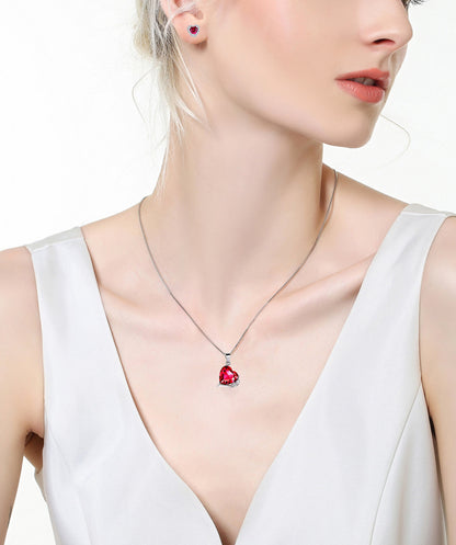 MABELLA Sterling Silver Heart Simulated Ruby Emerald Pendant Earrings Set, Birthday Gifts for Women