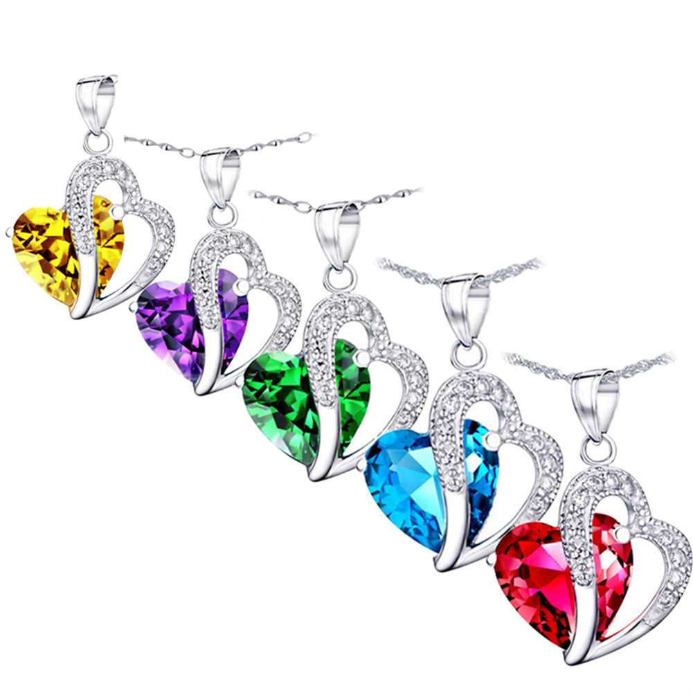MABELLA Jewelry Simulated Gemstone Double Heart Pendant Sterling Silver Necklace for Women