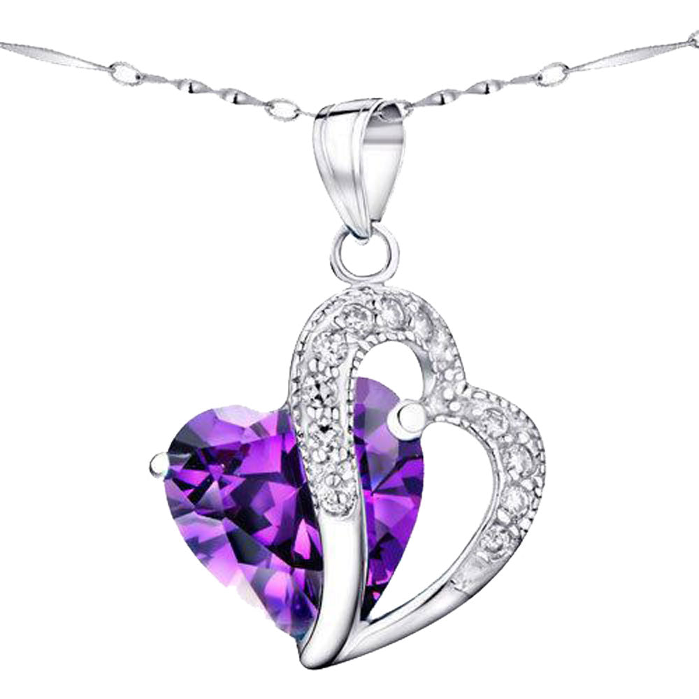 MABELLA Jewelry Simulated Gemstone Double Heart Pendant Sterling Silver Necklace for Women