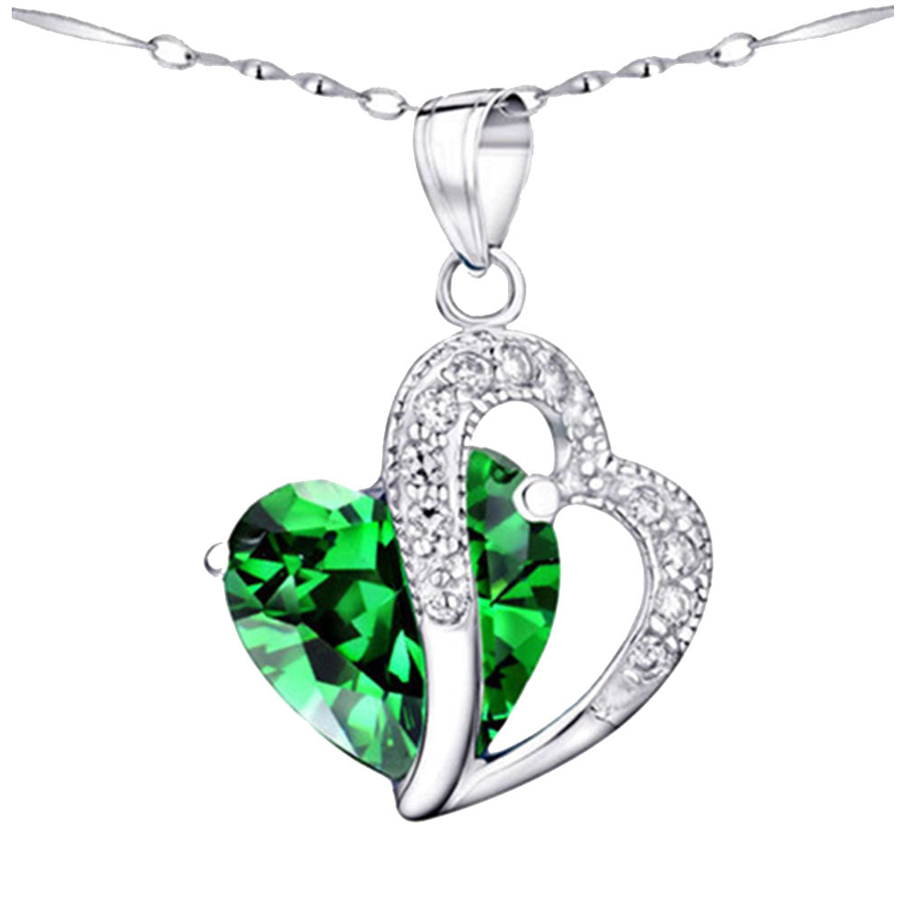 MABELLA Jewelry Simulated Gemstone Double Heart Pendant Sterling Silver Necklace for Women