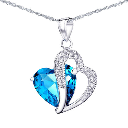 MABELLA Jewelry Simulated Gemstone Double Heart Pendant Sterling Silver Necklace for Women