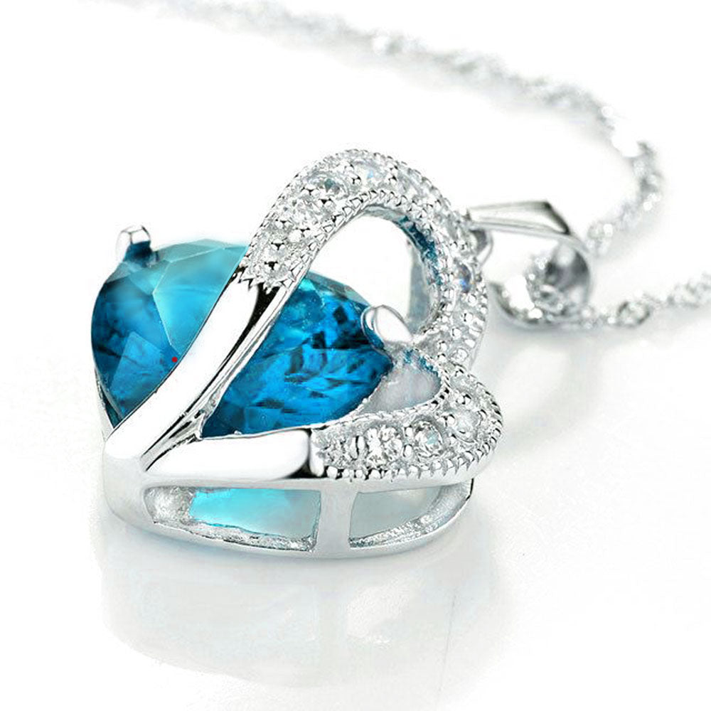 MABELLA Jewelry Simulated Gemstone Double Heart Pendant Sterling Silver Necklace for Women