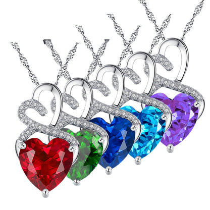 MABELLA Sterling Silver Double Heart Simulated Birthstone Pendant Necklace, Women Gifts for Her