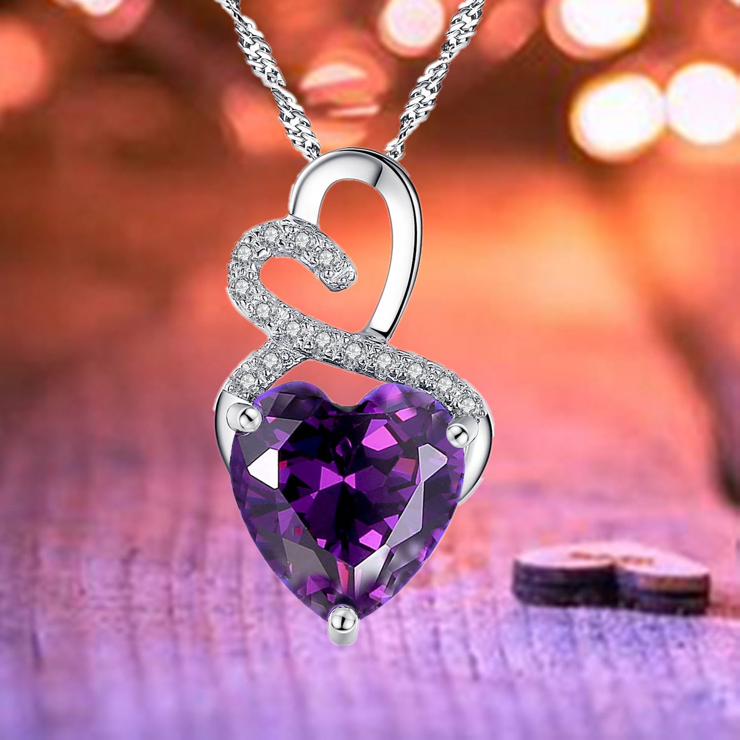 MABELLA Sterling Silver Double Heart Simulated Birthstone Pendant Necklace, Women Gifts for Her