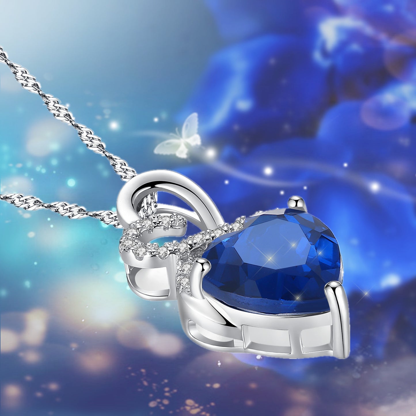 MABELLA Sterling Silver Double Heart Simulated Birthstone Pendant Necklace, Women Gifts for Her