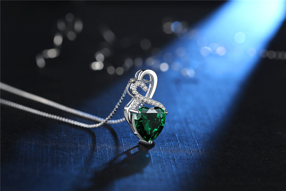 MABELLA Sterling Silver Double Heart Simulated Birthstone Pendant Necklace, Women Gifts for Her