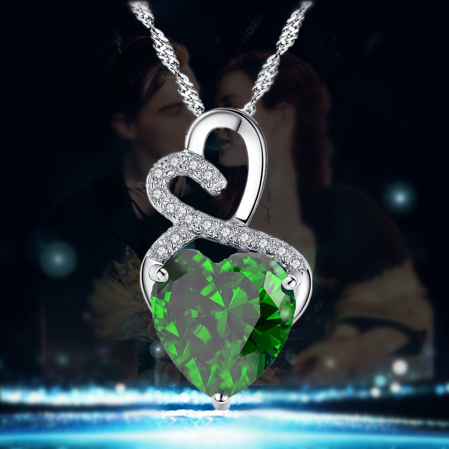 MABELLA Sterling Silver Double Heart Simulated Birthstone Pendant Necklace, Women Gifts for Her