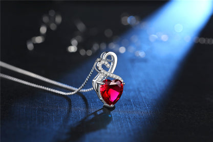 MABELLA Sterling Silver Double Heart Simulated Birthstone Pendant Necklace, Women Gifts for Her