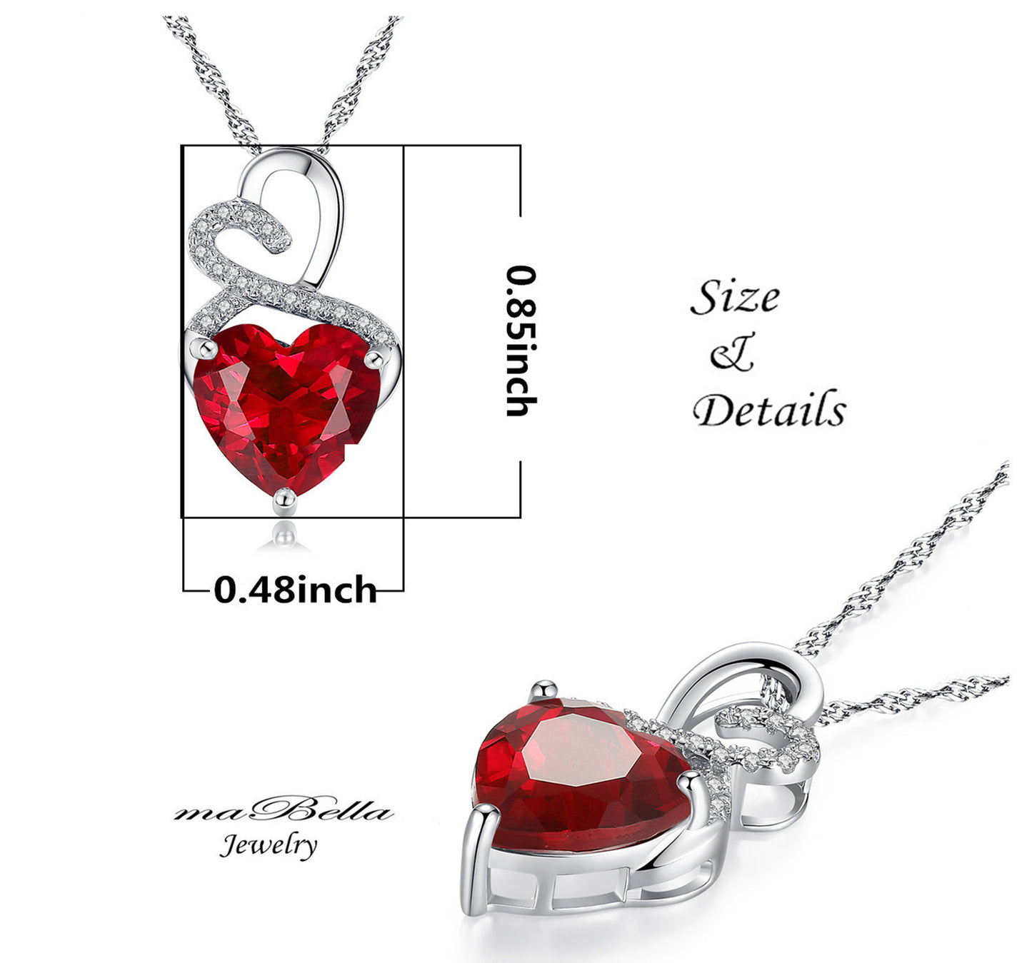 MABELLA Sterling Silver Double Heart Simulated Birthstone Pendant Necklace, Women Gifts for Her