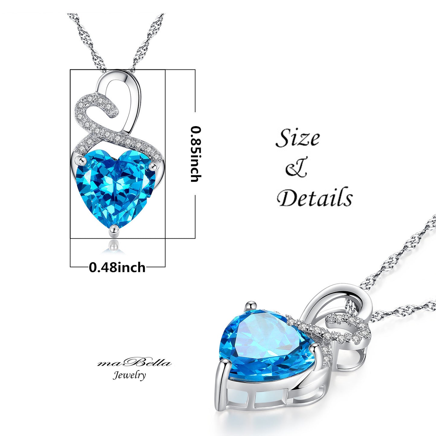 MABELLA Sterling Silver Double Heart Simulated Birthstone Pendant Necklace, Women Gifts for Her