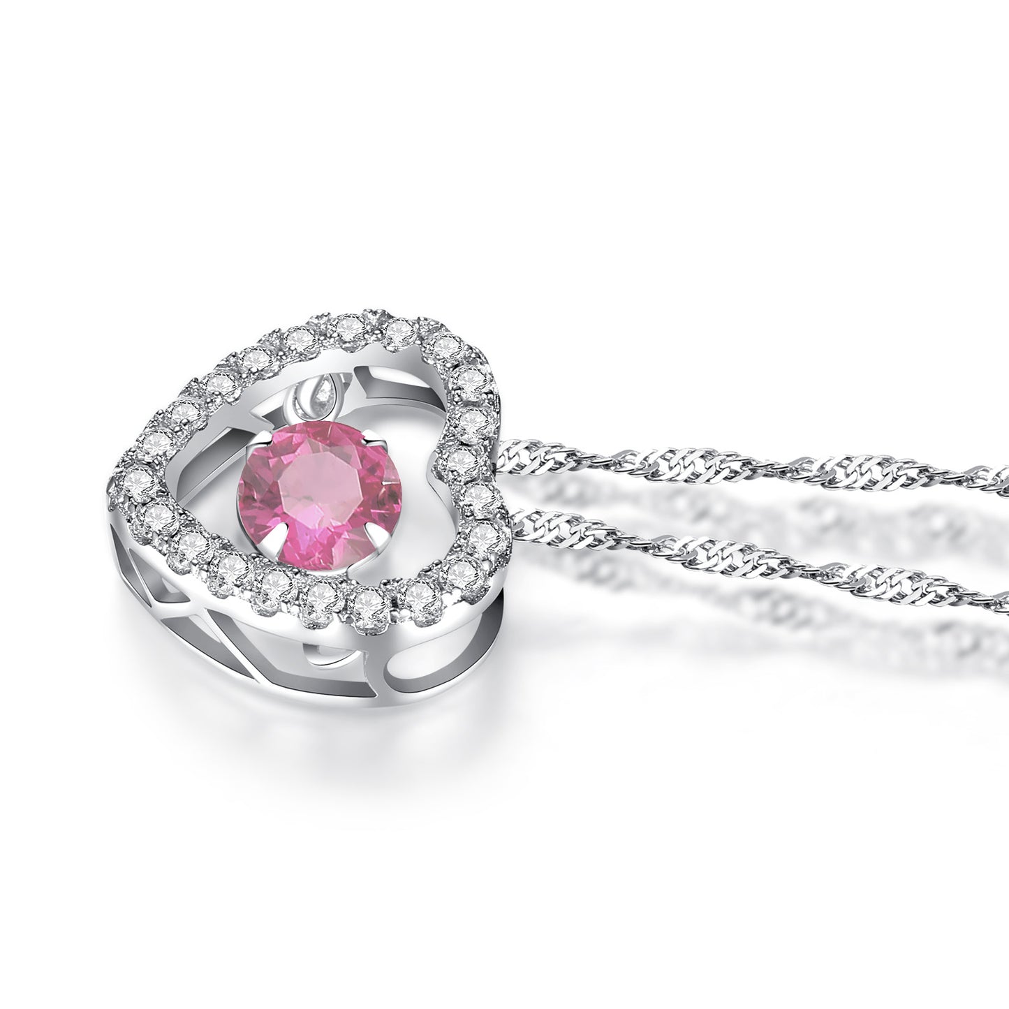 MABELLA Sterling Silver 0.5 ct Round Shaped Cubic Zirconia Heart Style Dancing Pendant Necklace, 18"
