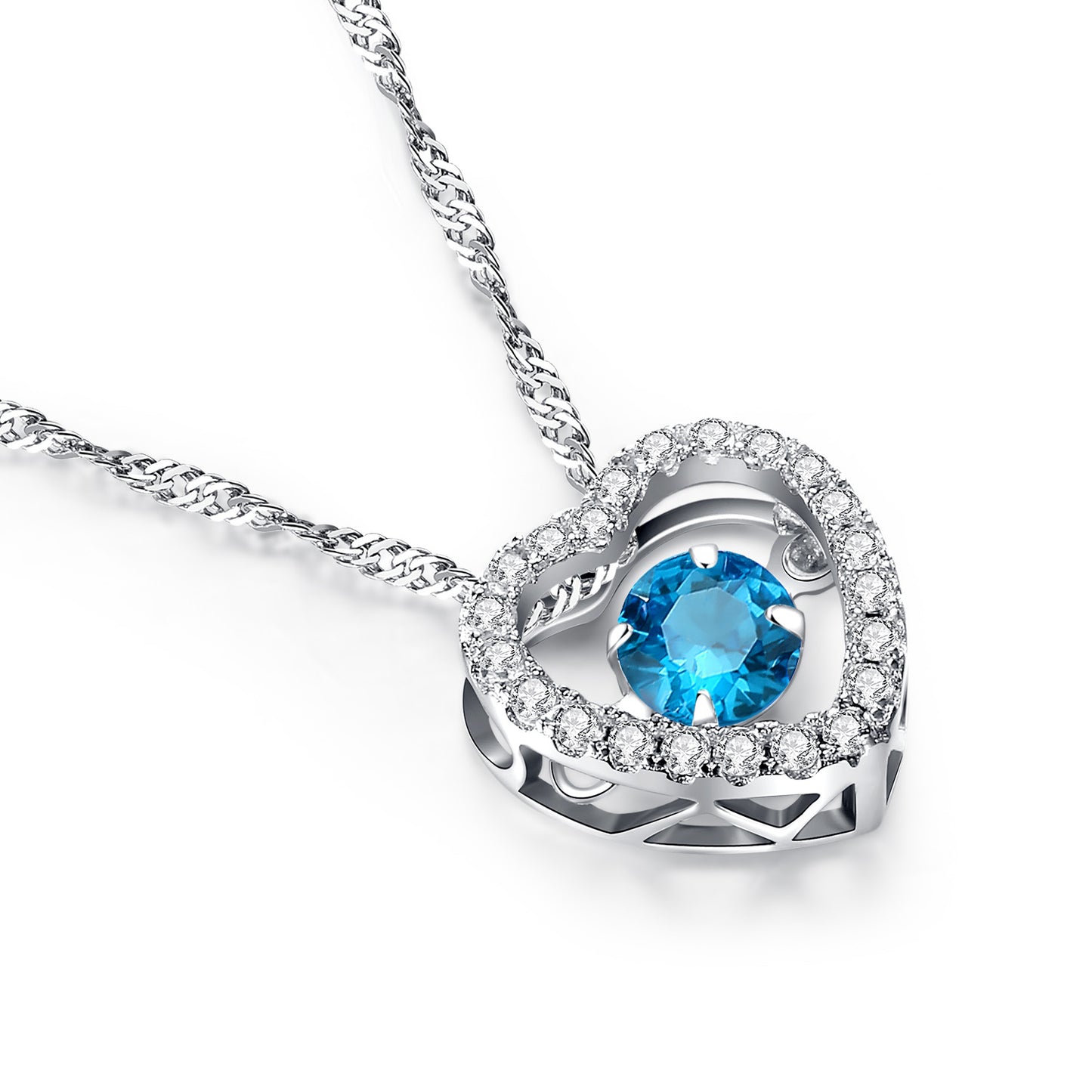 MABELLA Sterling Silver 0.5 ct Round Shaped Cubic Zirconia Heart Style Dancing Pendant Necklace, 18"