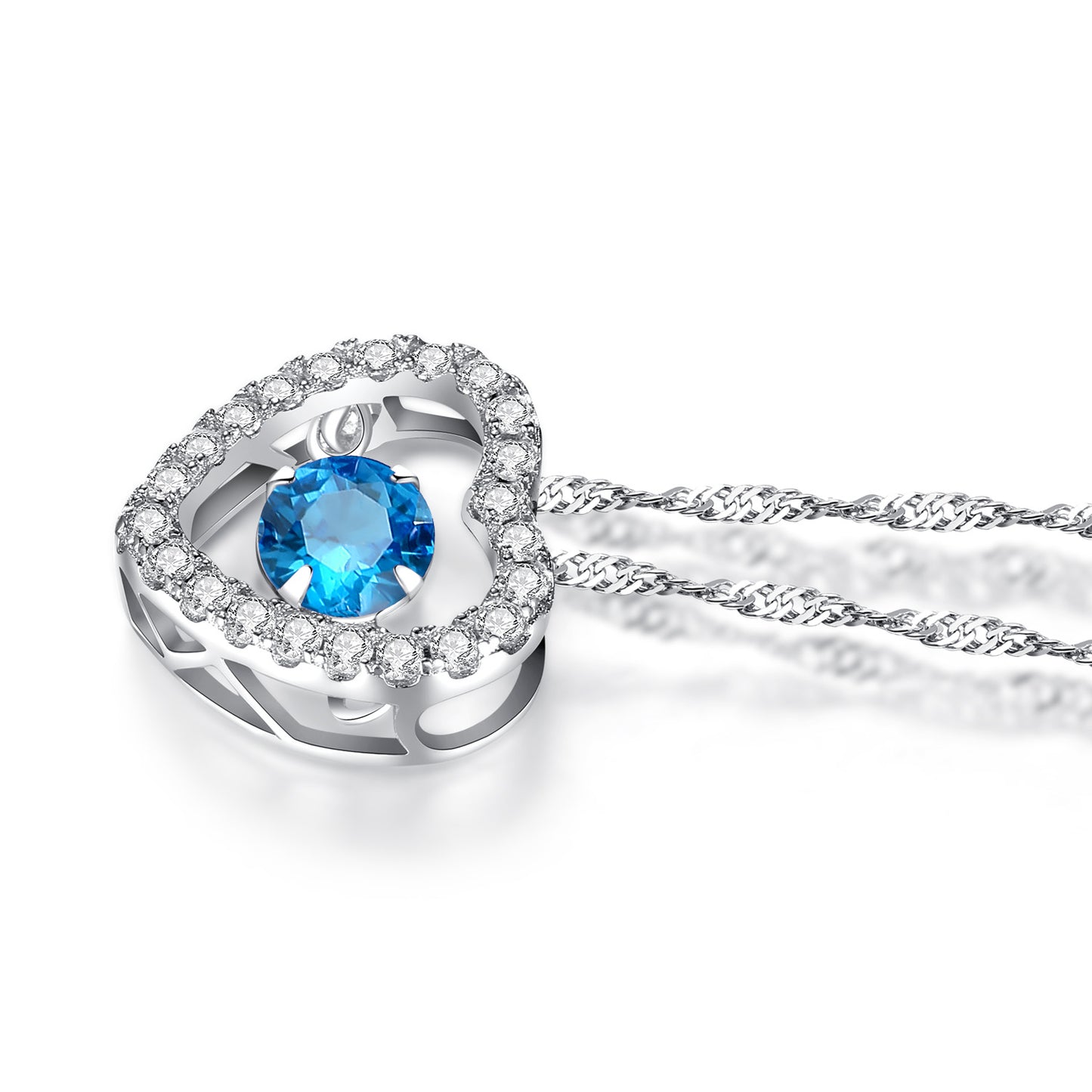 MABELLA Sterling Silver 0.5 ct Round Shaped Cubic Zirconia Heart Style Dancing Pendant Necklace, 18"