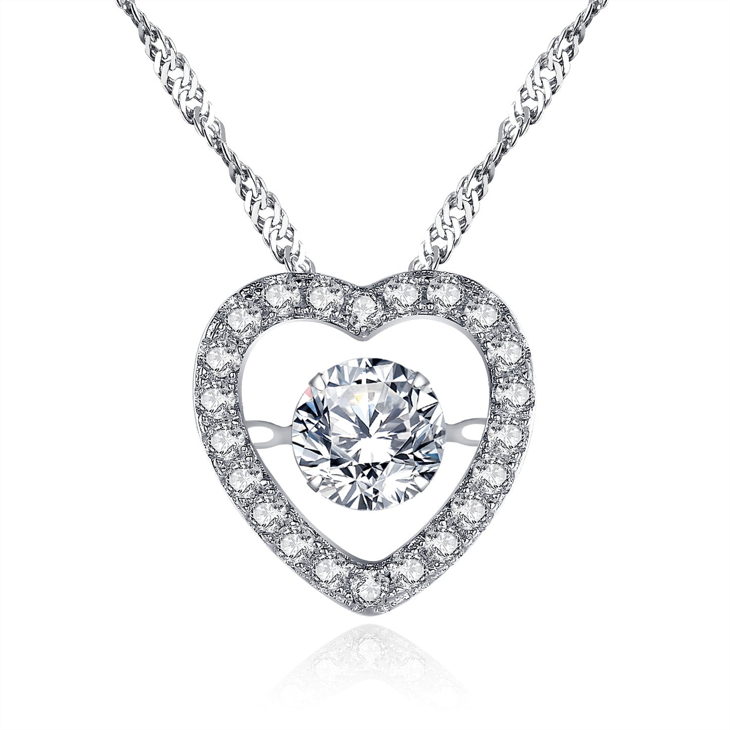 MABELLA Sterling Silver 0.5 ct Round Shaped Cubic Zirconia Heart Style Dancing Pendant Necklace, 18"