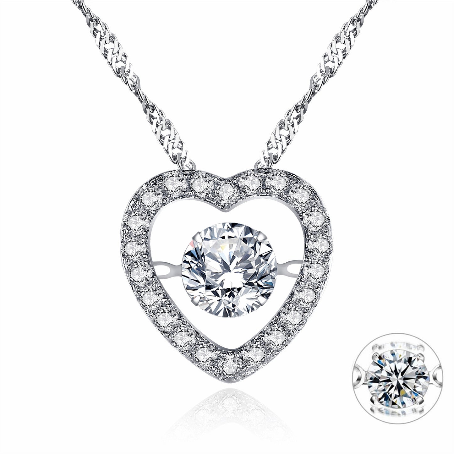 MABELLA Sterling Silver 0.5 ct Round Shaped Cubic Zirconia Heart Style Dancing Pendant Necklace, 18"