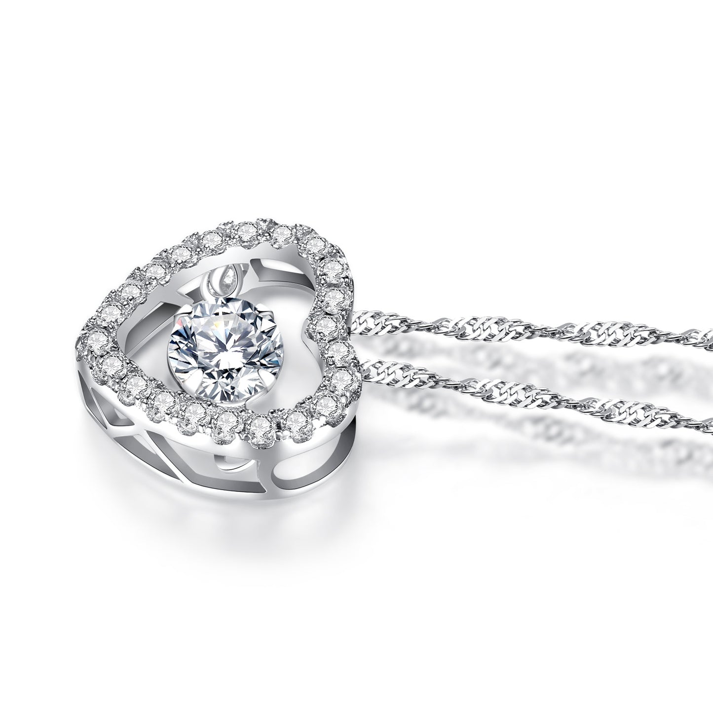 MABELLA Sterling Silver 0.5 ct Round Shaped Cubic Zirconia Heart Style Dancing Pendant Necklace, 18"