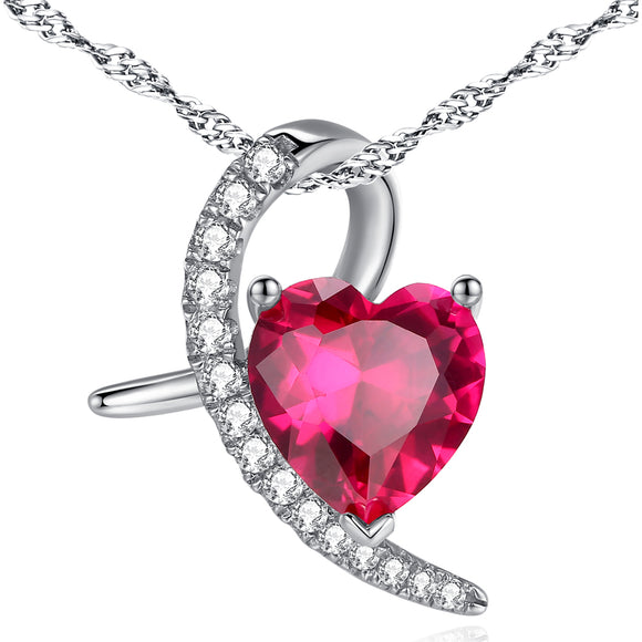 MABELLA 925 Sterling Silver Simulated Ruby Heart Pendant Necklace Gifts for Women