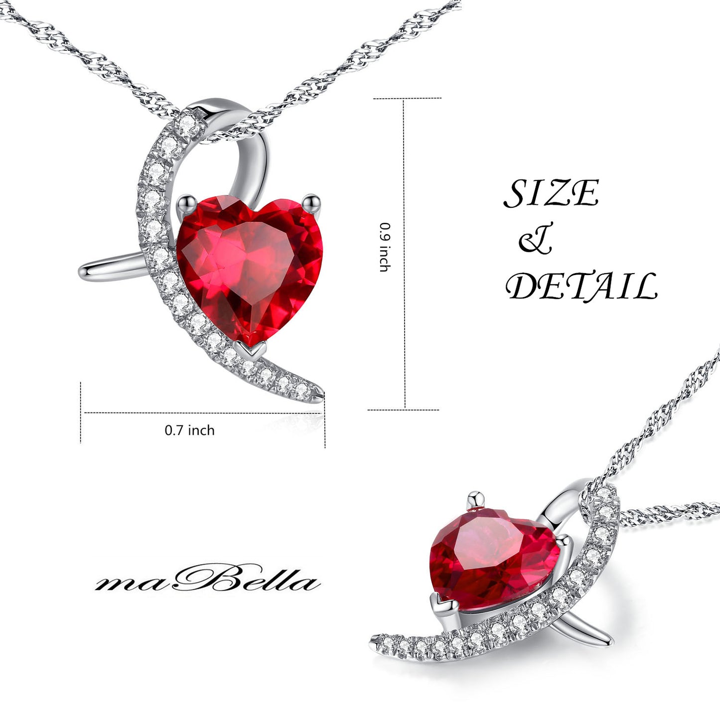 MABELLA 925 Sterling Silver Simulated Ruby Heart Pendant Necklace Gifts for Women