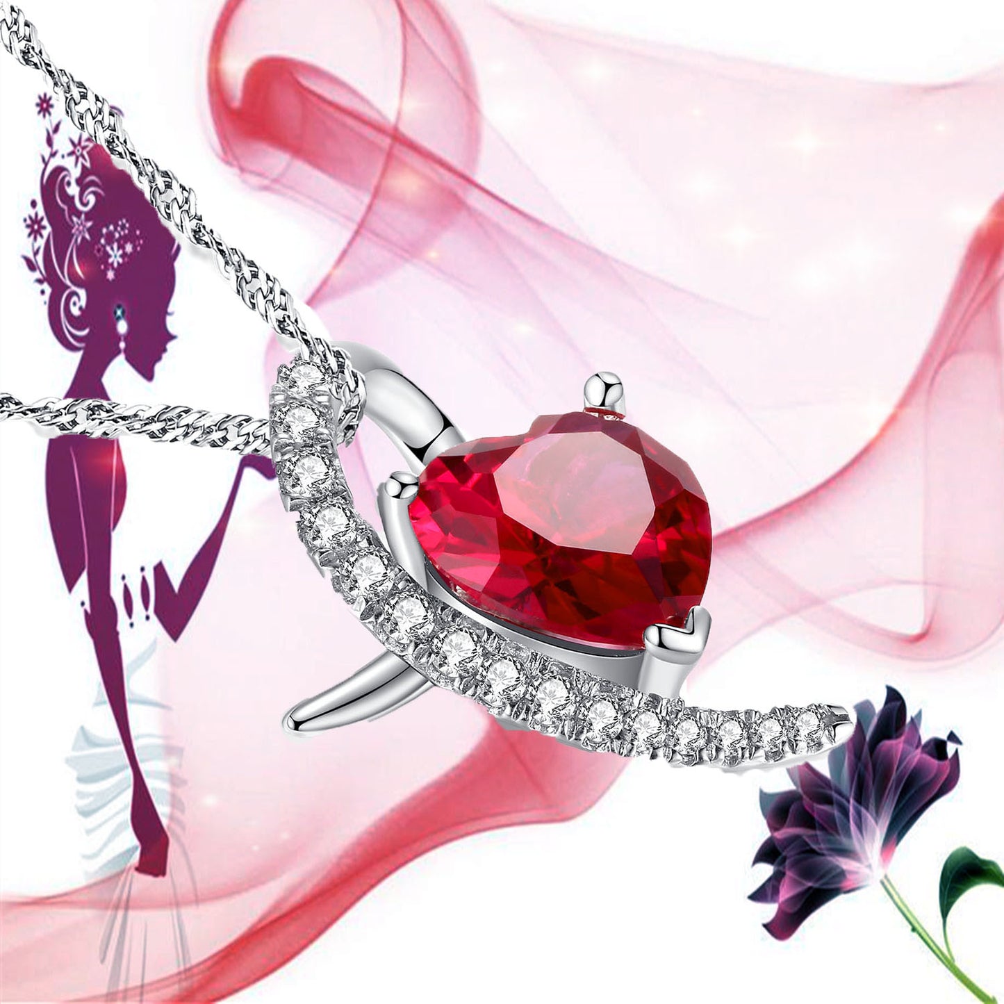 MABELLA 925 Sterling Silver Simulated Ruby Heart Pendant Necklace Gifts for Women