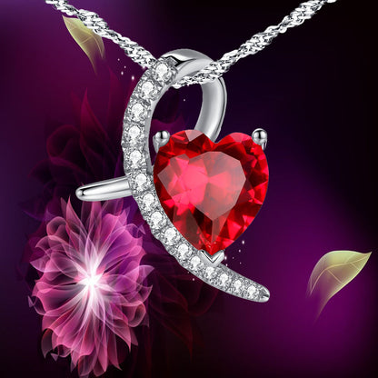 MABELLA 925 Sterling Silver Simulated Ruby Heart Pendant Necklace Gifts for Women