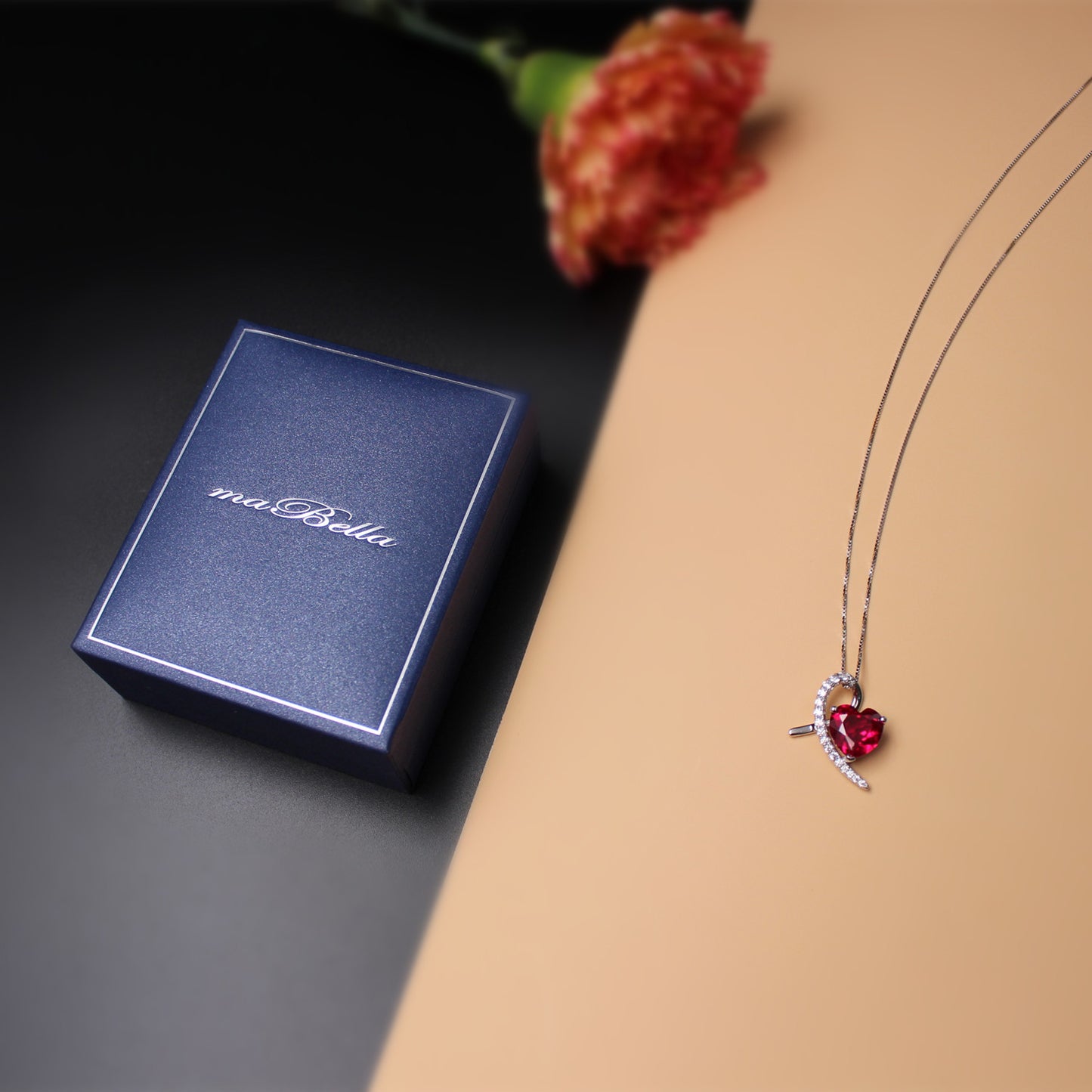 MABELLA 925 Sterling Silver Simulated Ruby Heart Pendant Necklace Gifts for Women