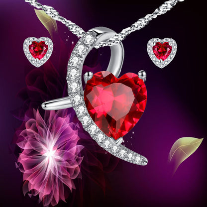 MABELLA Sterling Silver Heart Cut Simulated Ruby Pendant Earrings Jewelry Set, Gifts for Women