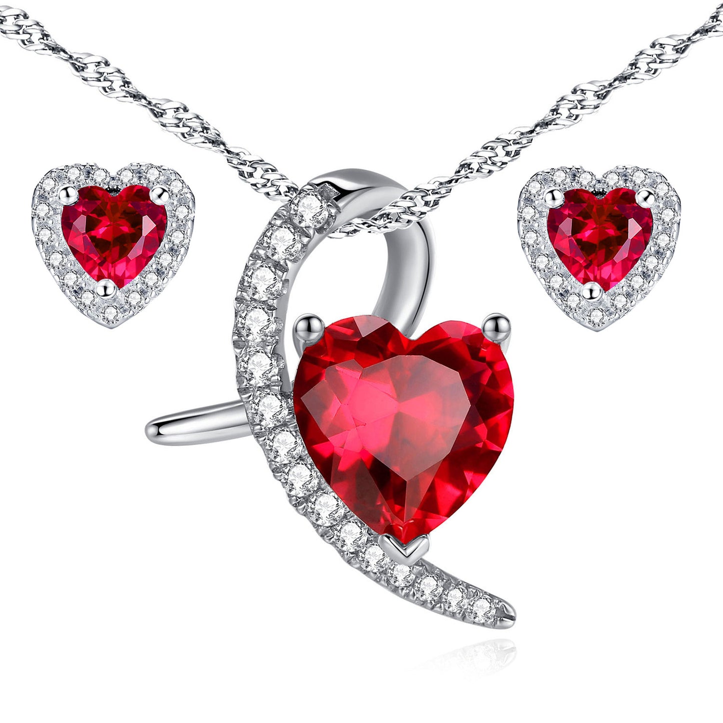 MABELLA Sterling Silver Heart Cut Simulated Ruby Pendant Earrings Jewelry Set, Gifts for Women