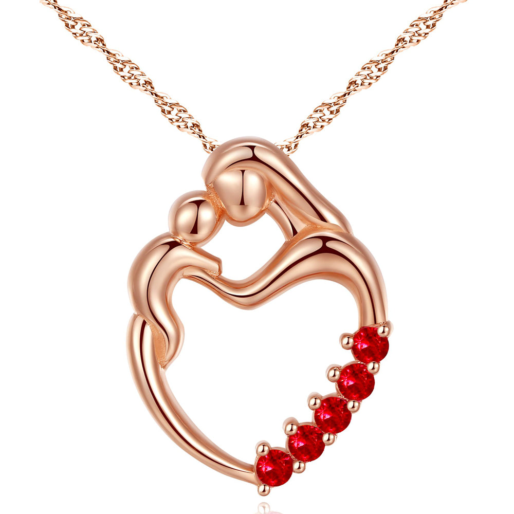 MABELLA Sterling Silver Rose Gold Plated Simulated Ruby Heart Mother and Child Pendant Necklace Mothers Day Gifts for Women