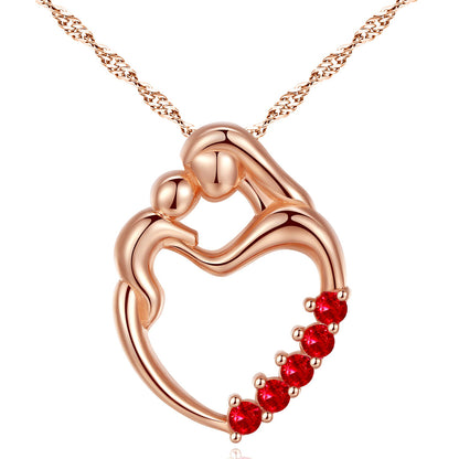 MABELLA Sterling Silver Rose Gold Plated Simulated Ruby Heart Mother and Child Pendant Necklace Mothers Day Gifts for Women