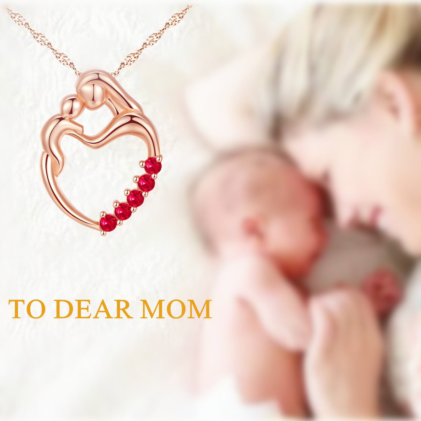 MABELLA Sterling Silver Rose Gold Plated Simulated Ruby Heart Mother and Child Pendant Necklace Mothers Day Gifts for Women