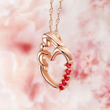 MABELLA Sterling Silver Rose Gold Plated Simulated Ruby Heart Mother and Child Pendant Necklace Mothers Day Gifts for Women