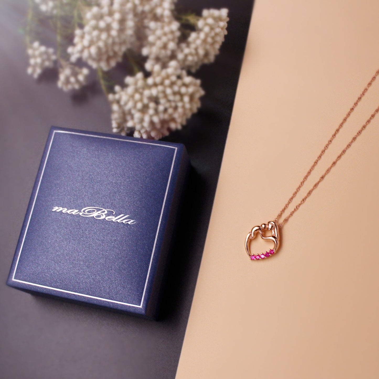 MABELLA Sterling Silver Rose Gold Plated Simulated Ruby Heart Mother and Child Pendant Necklace Mothers Day Gifts for Women