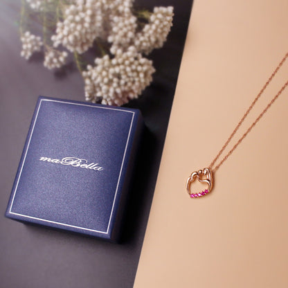 MABELLA Sterling Silver Rose Gold Plated Simulated Ruby Heart Mother and Child Pendant Necklace Mothers Day Gifts for Women