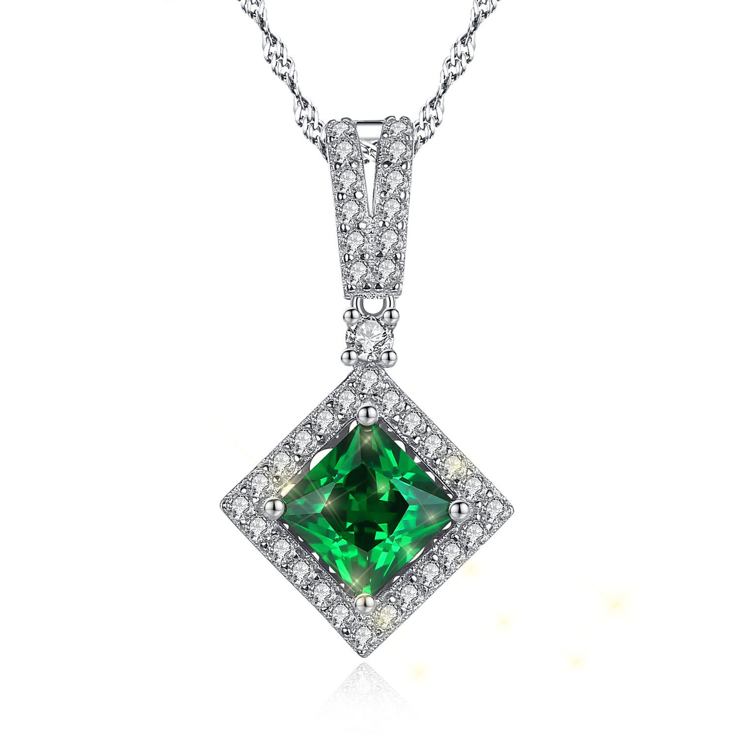 MABELLLA Sterling Silver Princess Cut Simulated Emerald/Ruby Halo Pendant Necklace Gifts for Women