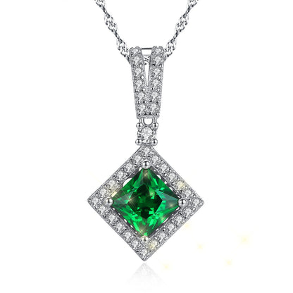 MABELLLA Sterling Silver Princess Cut Simulated Emerald/Ruby Halo Pendant Necklace Gifts for Women