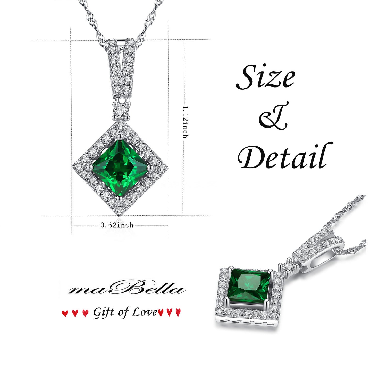 MABELLLA Sterling Silver Princess Cut Simulated Emerald/Ruby Halo Pendant Necklace Gifts for Women