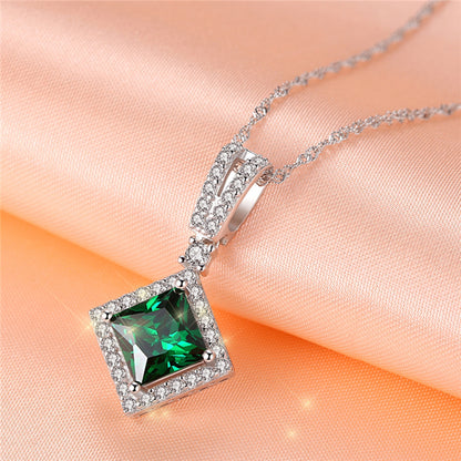 MABELLLA Sterling Silver Princess Cut Simulated Emerald/Ruby Halo Pendant Necklace Gifts for Women