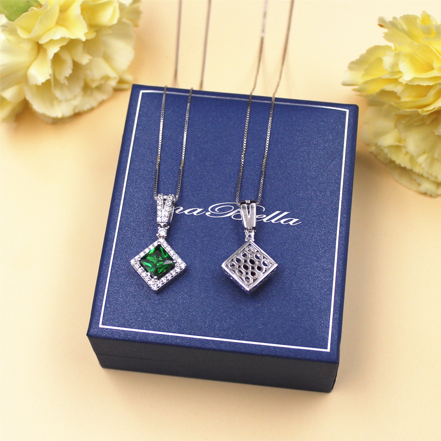 MABELLLA Sterling Silver Princess Cut Simulated Emerald/Ruby Halo Pendant Necklace Gifts for Women