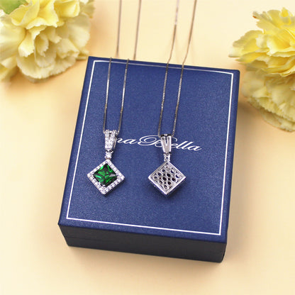 MABELLLA Sterling Silver Princess Cut Simulated Emerald/Ruby Halo Pendant Necklace Gifts for Women