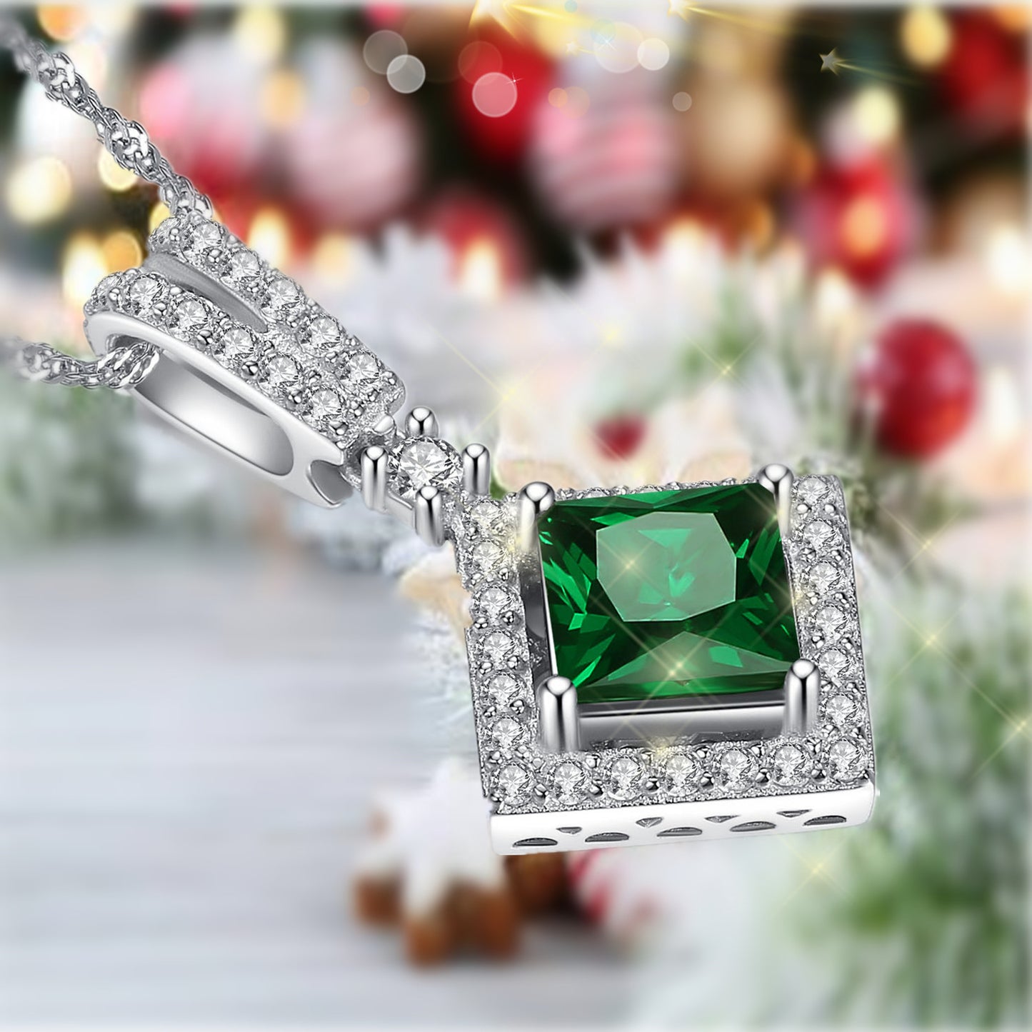 MABELLLA Sterling Silver Princess Cut Simulated Emerald/Ruby Halo Pendant Necklace Gifts for Women