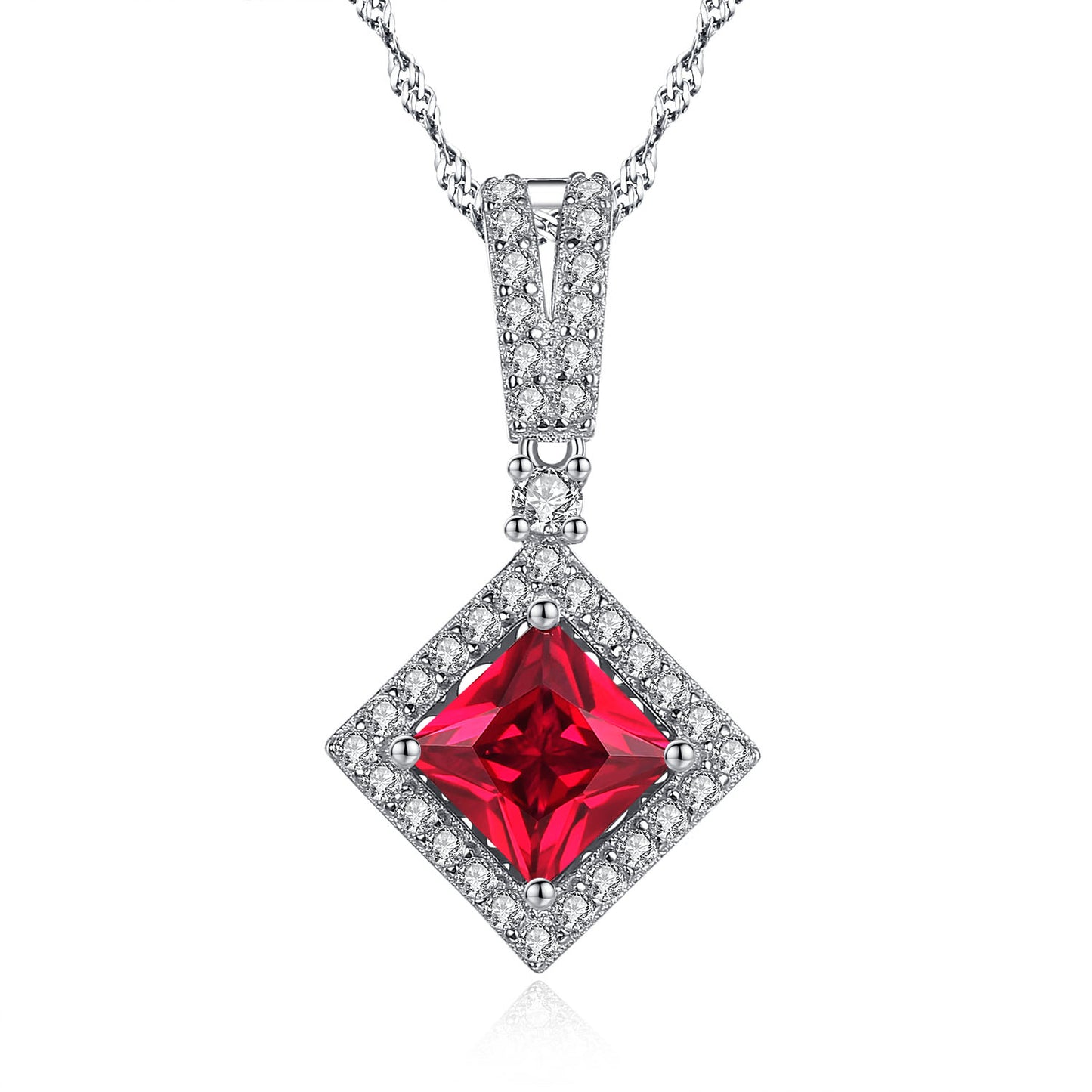 MABELLLA Sterling Silver Princess Cut Simulated Emerald/Ruby Halo Pendant Necklace Gifts for Women